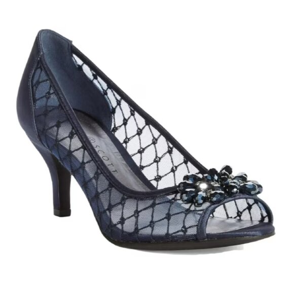 Karen Scott Womens Mesh Navy Embellished Peep Toe Kitten Heels MARALYN Size 10.5 - Picture 1 of 6